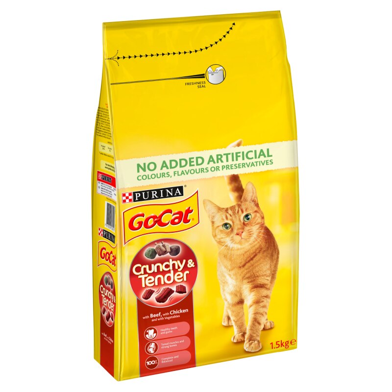 Go Cat Crunchy & Tender Beef, Chicken & Veg Dry Cat Food - 1.5kg